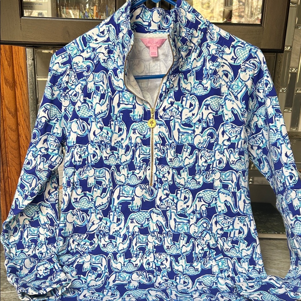 Lilly Pulitzer Skipper UPF 50+ 1/2 Zip Blue Get Trunky Elephants French Terry